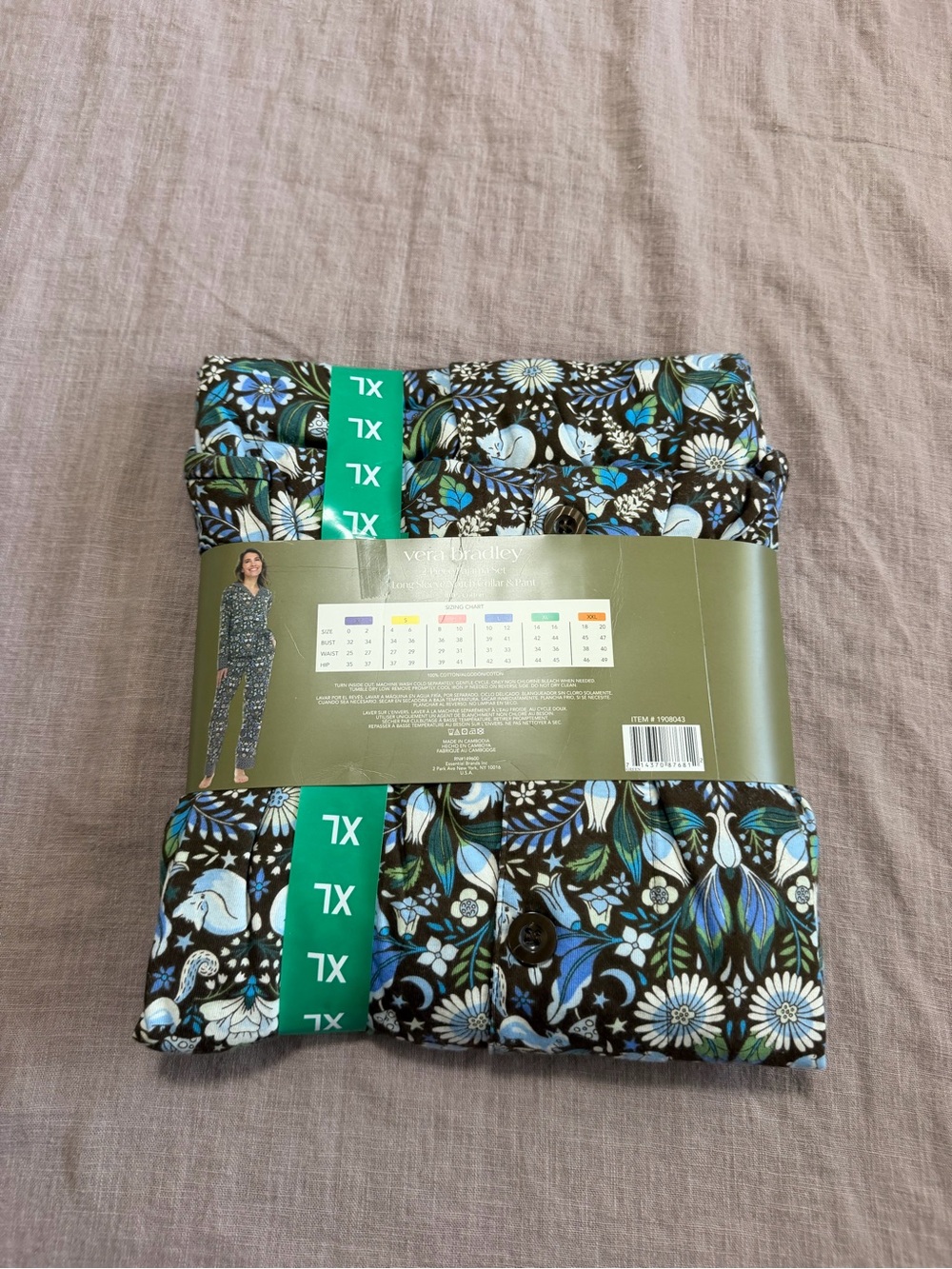 NWT Vera Bradley 2-Piece Pajama Set Blue Black Floral Size XL 100% Cotton Lounge - Picture 6 of 7